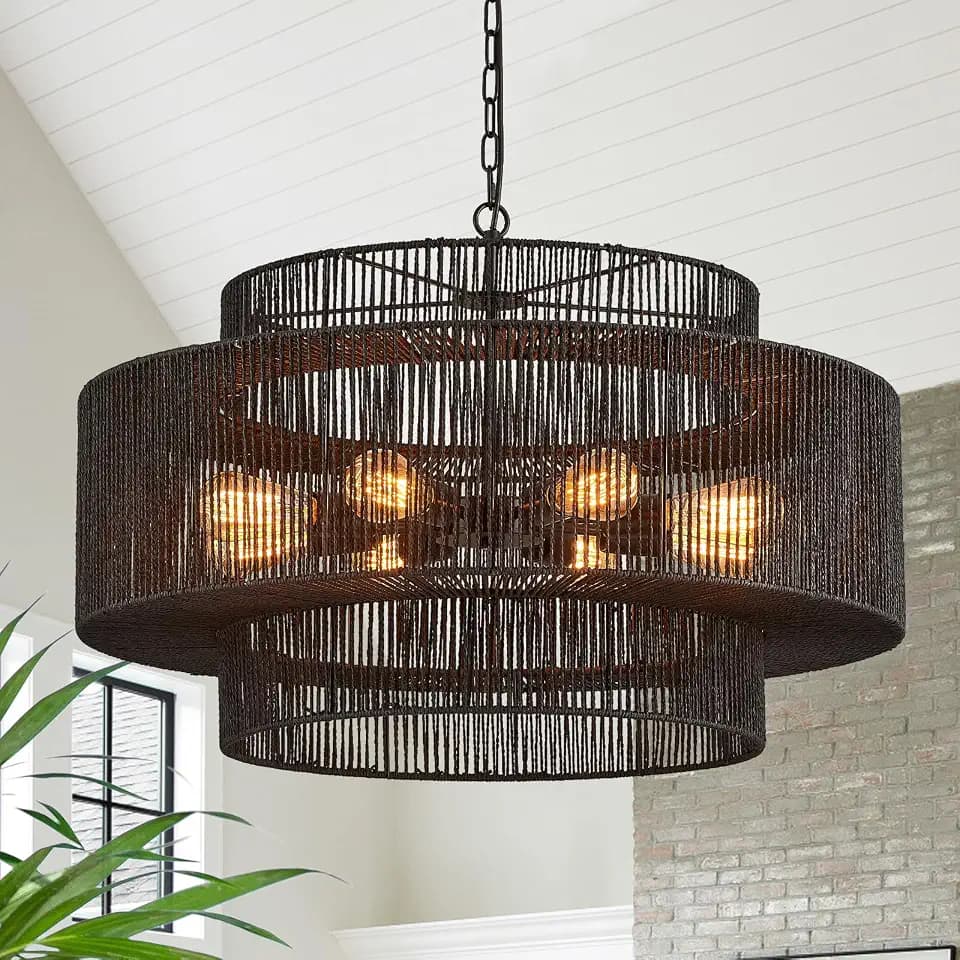 30" Large Black Rattan Chandelier, 8-Light Hand-Woven Light Fixture