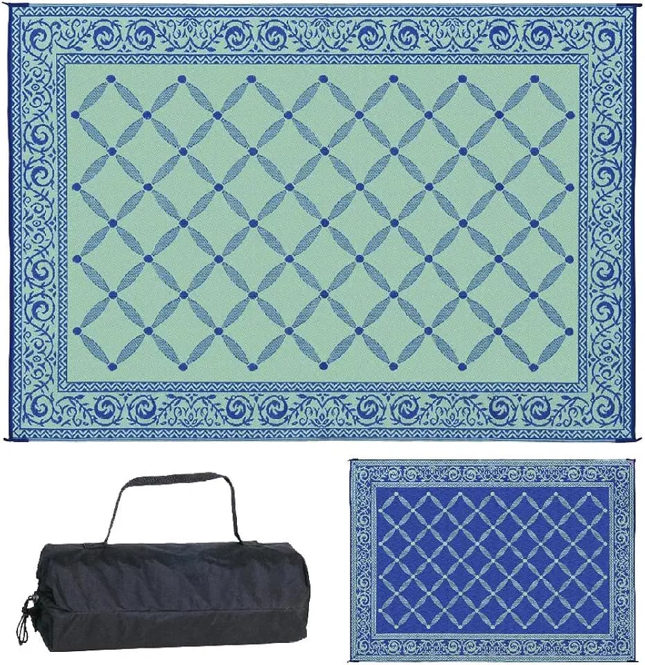 Stylish Camping 119123 9-feet by 12-feet Reversible Mat, Plastic Straw Rug, Large Floor Mat for Outdoors, RV, Patio, Backyard, Picnic, Beach, Camping (Blue/Light-Green)