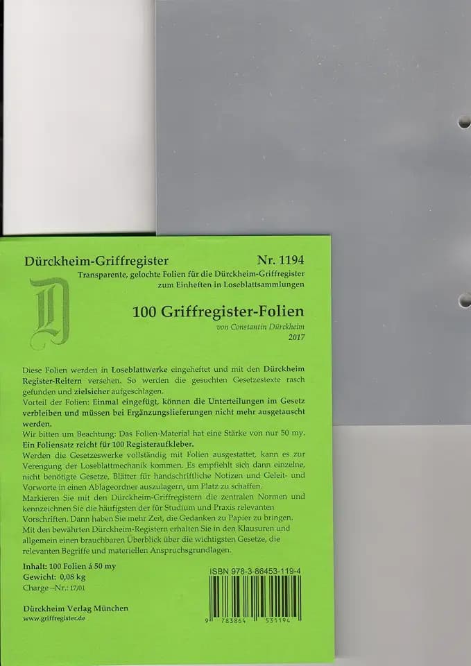 100 DürckheimRegister-FOLIEN für STEUERGESETZE, HABERSACK u.a; zum Einheften und Unterteilen der roten Gesetzessammlungen zum dauerhaften Einheften ... H. Beck zum Einheften der DürckheimRegister