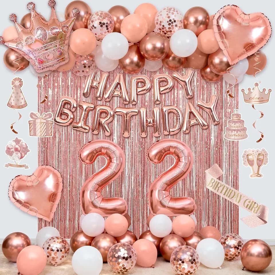 Rose Gold 22nd Birthday Decorations for Women, Happy 22nd Birthday Party Packs with Happy Birthday Banner Foil Balloons Fringe Curtain Hanging Swirls Sash Décor Supplies