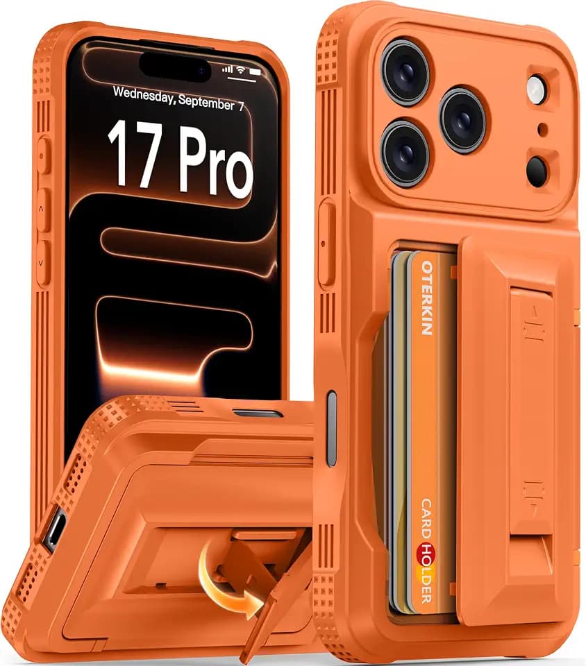 Oterkin for iPhone 17 Pro Case with Card Holder & Stand, Orange 6.3"