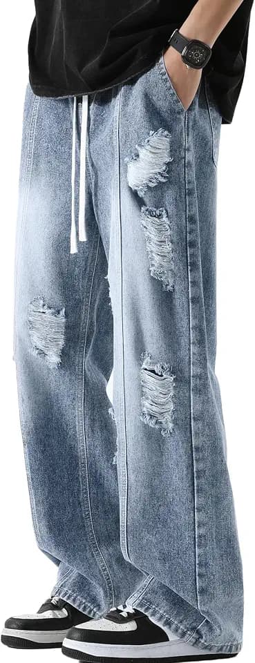 AIEOE Jungen Denim Hose Destroyed Locker Jeanshose Elastische Taille Lochjeans Teenager Gerade Jeans Streetwear EU 30