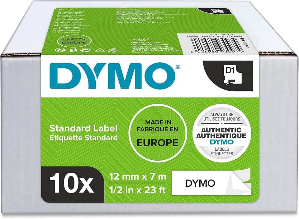 DYMO Original D1-Etikettenband | schwarz auf weiß | 12 mm x 7 m | selbstklebendes Schriftband | für LabelManager-Beschriftungsgerät | 10 Etikettenkassetten