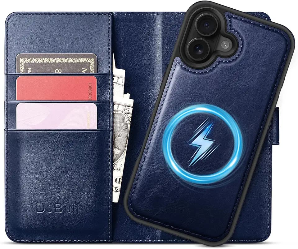 DJBull 2-in-1 Detachable Wallet Case for iPhone 16 6.1" RFID Blocking Flip Folio with Card Holder | PU Leather Shockproof Protective Cover Women Men for Apple 16 Phone Case Blue