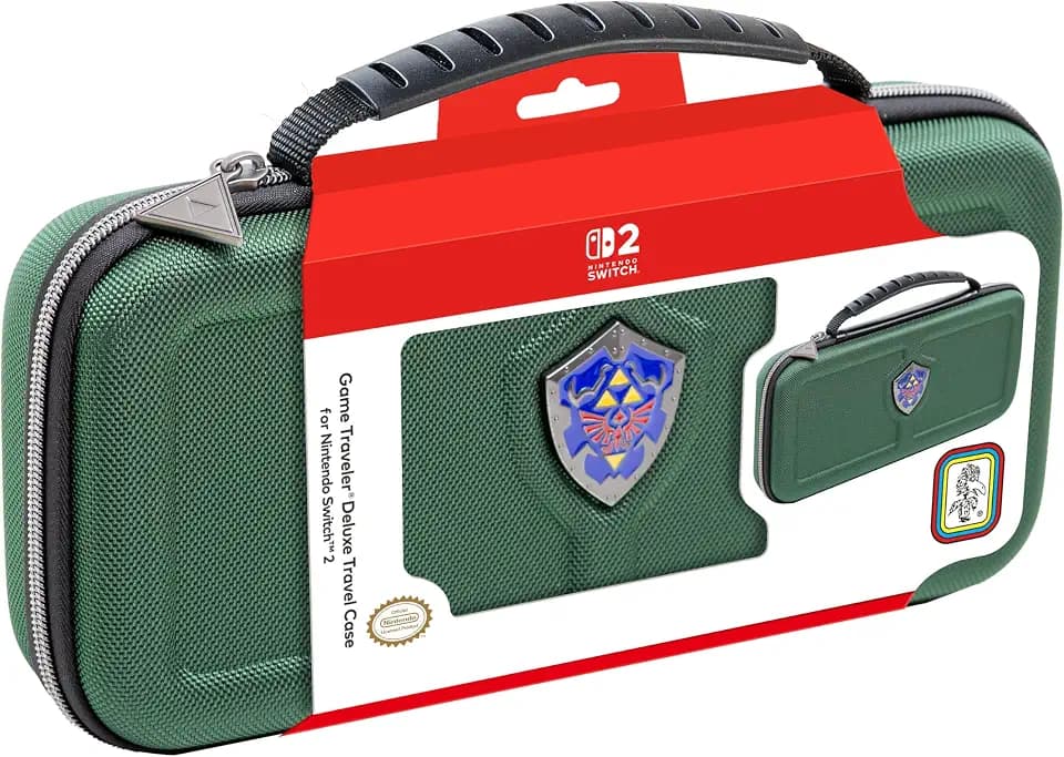 R.D.S. INDUSTRIES, INC. – Game Traveler Deluxe Licensed Travel Case Designed for Nintendo Switch, Nintendo Switch 2, OLED, Zelda Hylian Shield, Green (HS12GRN)