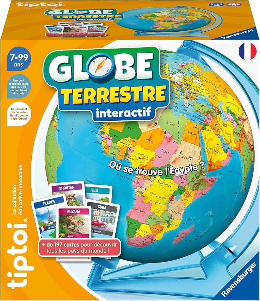 Ravensburger tiptoi Interactive Globe — Lernspiel für Kinder ohne Bildschirm — Erdkunde und die Welt Lernen — 200 Karten — ab 7 Jahren — tiptoi Reader separat erhältlich — französische Version