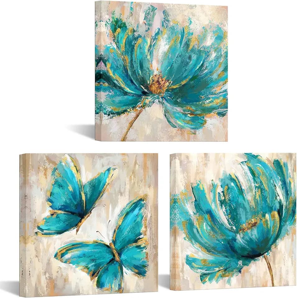 iKNOW FOTO 3 Pieces Teal Flower and Butterfly Canvas Prints Floral Oil Painting Gold Blue Wall Art for Bathroom Bedroom Ready to Hang Each Size 12x12 Inches (Teal)