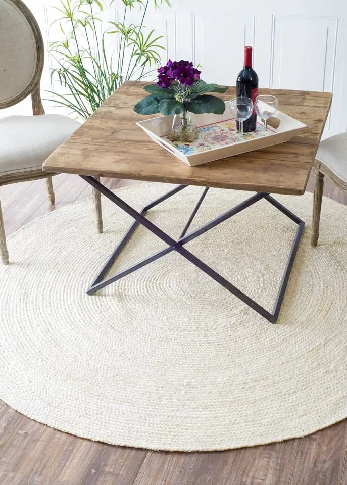 FRELISH DECOR Handwoven Jute Area Rug- Off-White Round Rustic Vintage Beige Braided Reversible Rug- Eco Friendly Rug for Bedroom, Kitchen, Living Room, Farmhouse (5' Round - Off-White)
