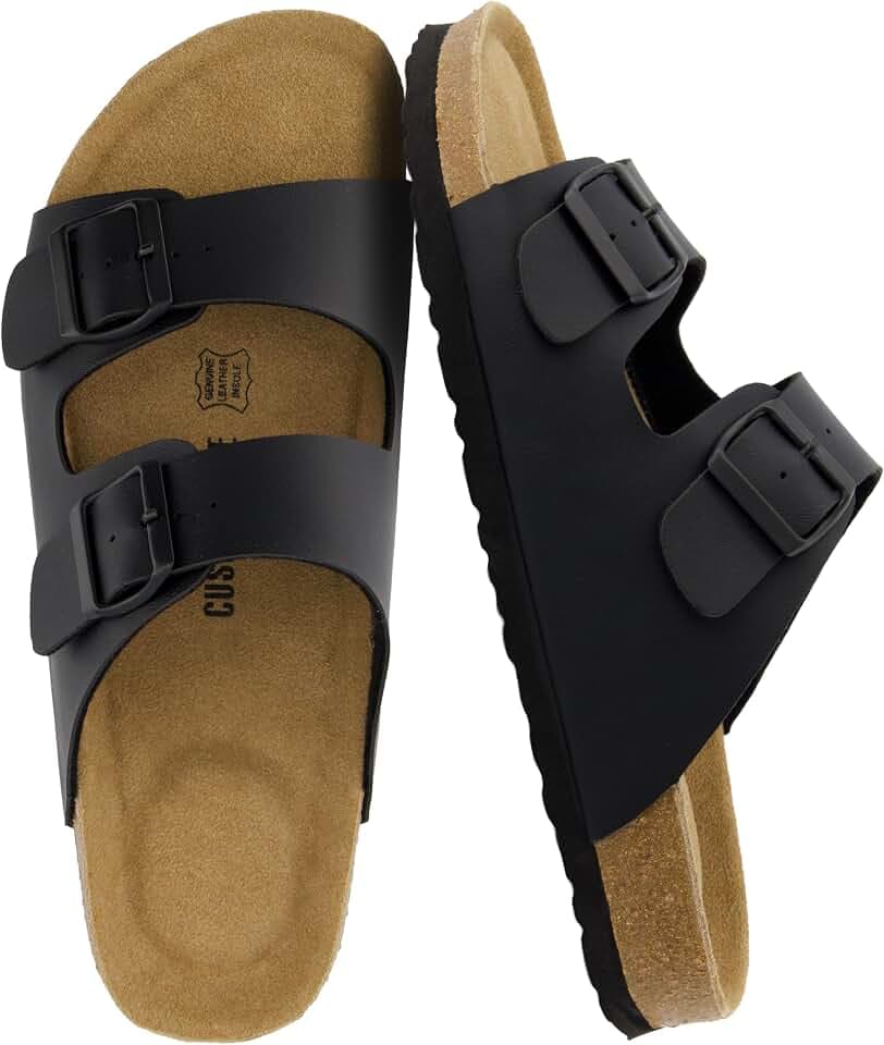 CUSHIONAIRE Lane Cork Footbed Mens Sandals, Adjustable Buckle Comfort Slides for Men, Genuine Leather Insole Summer Sandals Men Footwear