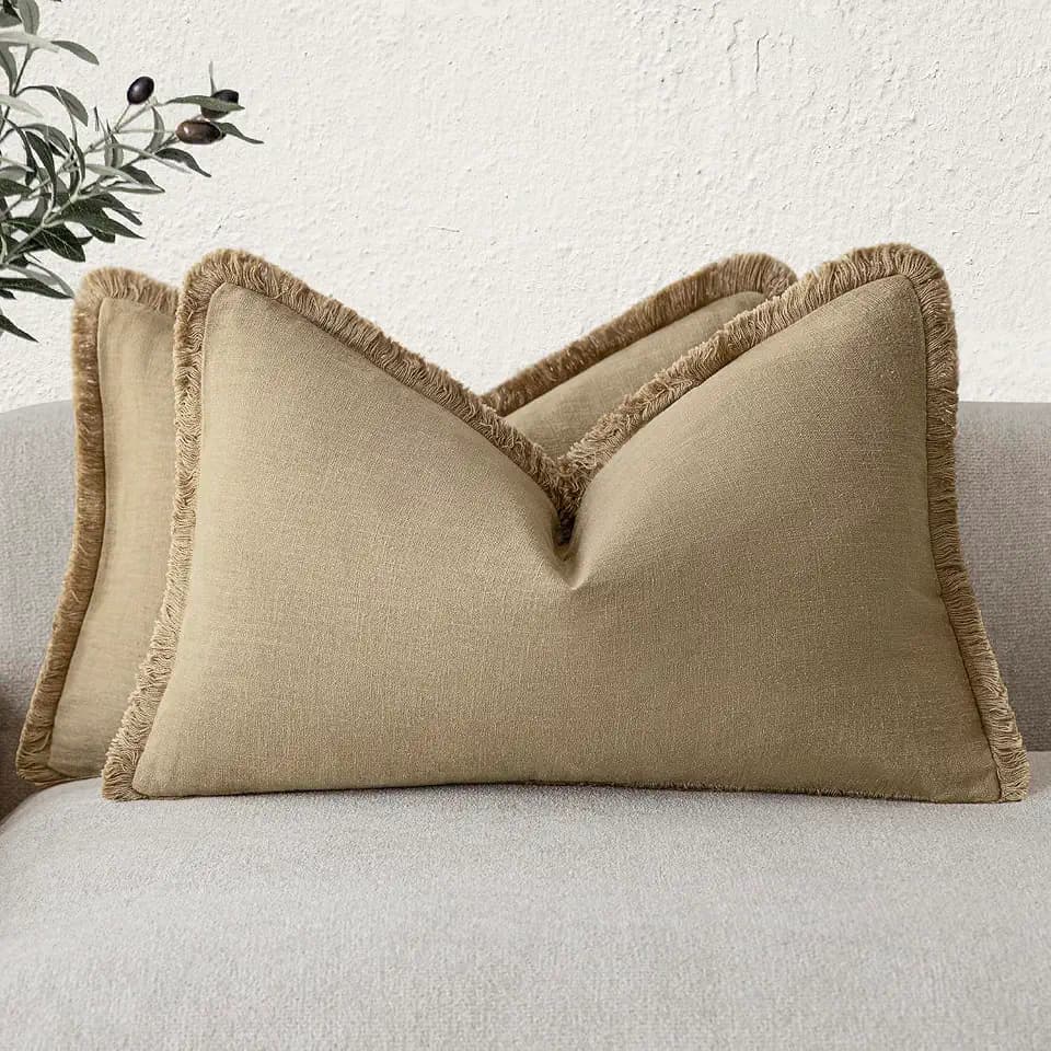 Foindtower Boho Linen Fringe Lumbar Throw Pillow Covers 12×20 Light Khaki