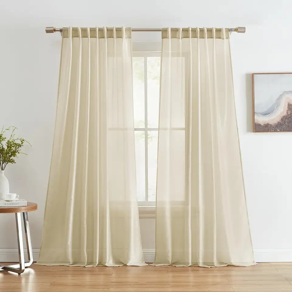 HLC.ME Lauren Semi Sheer Light Filtering Transparent Pocket Top & Back Tab Lightweight Long Window Curtains Drapery Panels Bedroom & Living Room, 2 Panels (54 x 96 Inch, Beige)