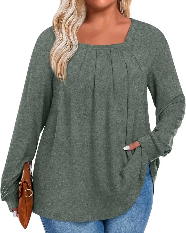 Anymeet Plus Size Tops for Women Long Sleeve Tunic Casual Shirts Square Neck Blouse 1X-5X