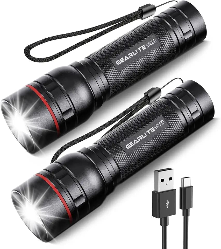 GEARLITE Taschenlampe LED Aufladbar 2000 lm, LED Taschenlampe Extrem Hell | 2 Stück Zoombar Taschenlampe 3 Modi, Mini Handlampe Langer Laufzeit, IP65 Wasserdicht Flashlight, Camping, Wandern, Schwarz