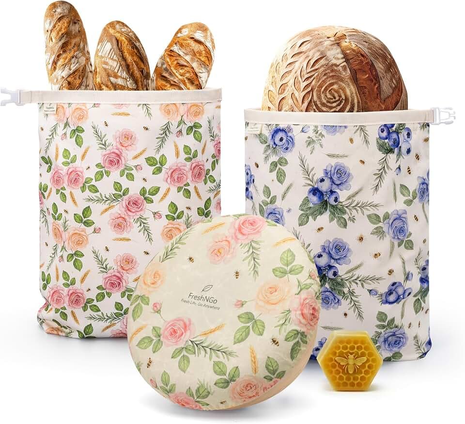 3-Pack Beeswax Bread Bags, Sourdough Bag (Berry Bloom)