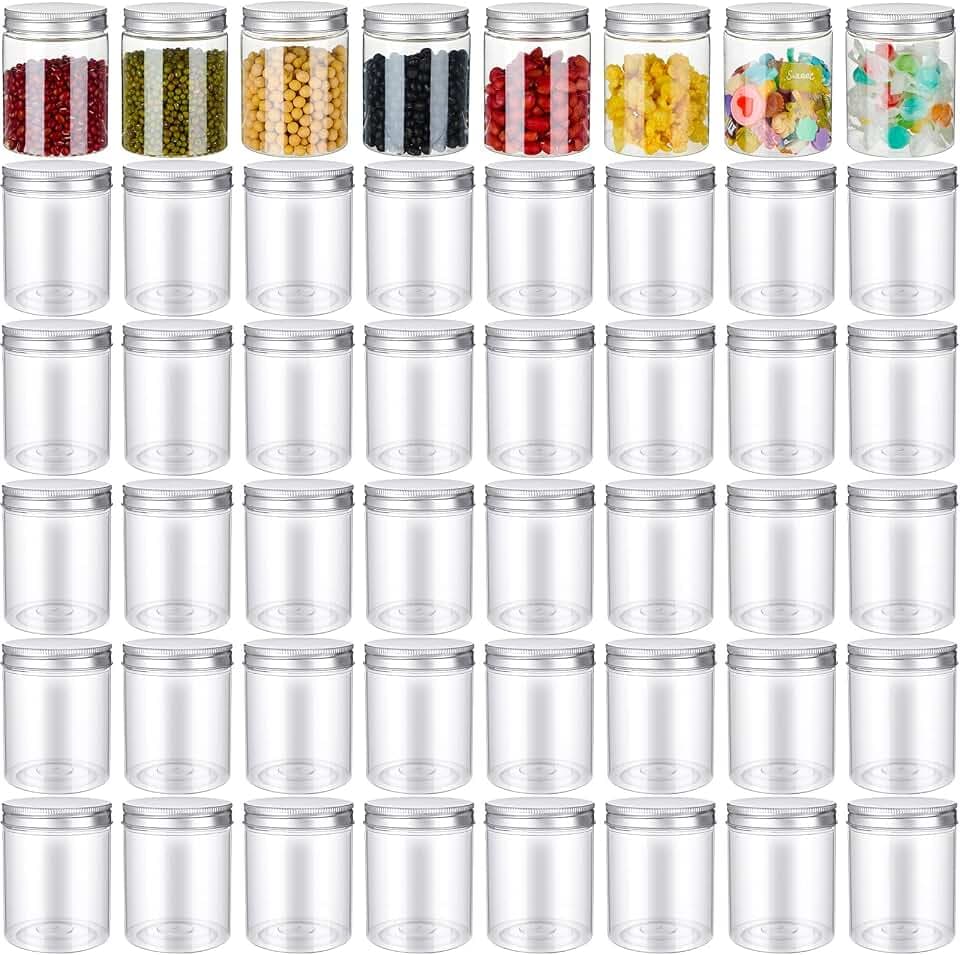 Aoriher 48 Pcs 8 oz Plastic Jars with Lids Round Clear Containers, Silver