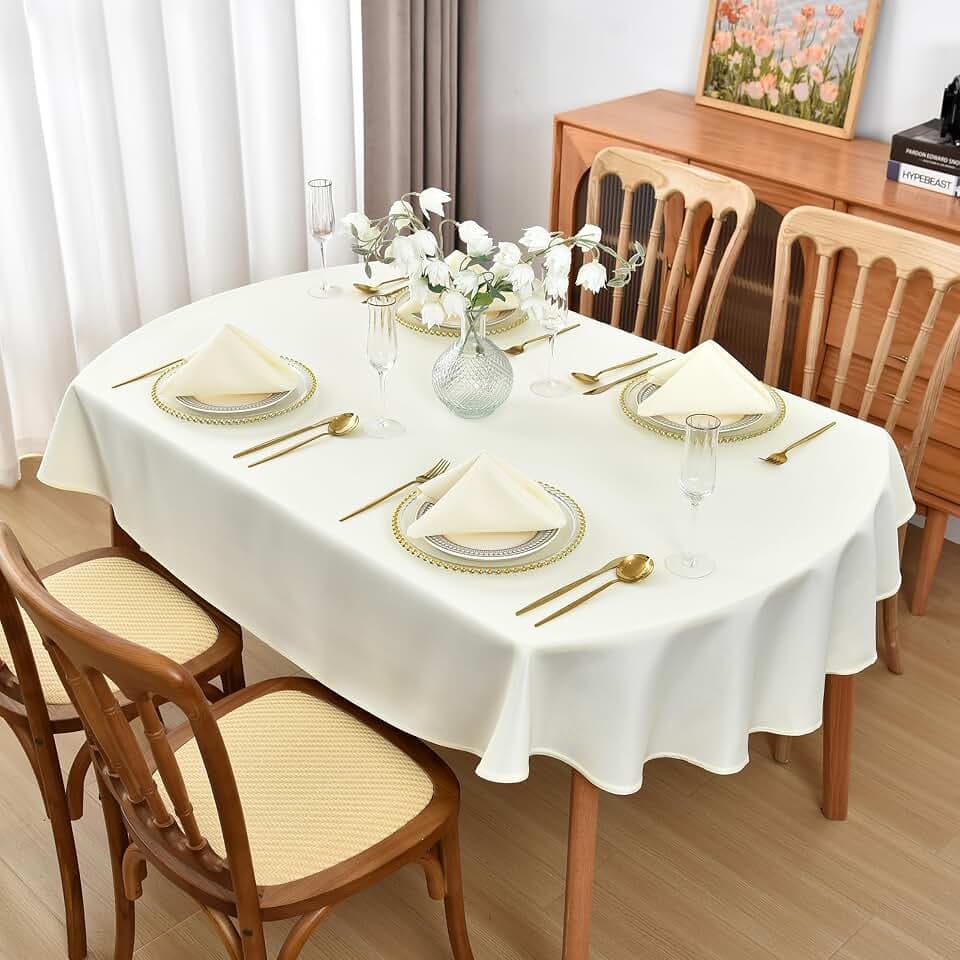 Beige Oval Tablecloth, 52 x 70 Inch, Stain and Wrinkle Resistant Machine Washable Polyester Table Cloth, Fabric Table Cover for Dining Buffet Party and Outdoor Use