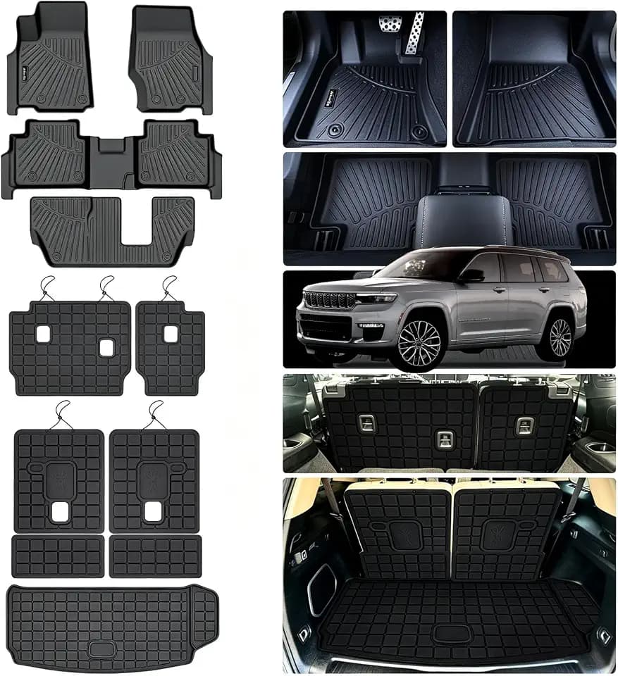 Floor Mats for 2021-2025 2026 Jeep Grand Cherokee L (Only for 7 Seats), 2 Row Bucket Seat TPE Floor Liners & Trunk Mat & 2nd and 3rd Backrest Mat for Grand Cherokee Accessories