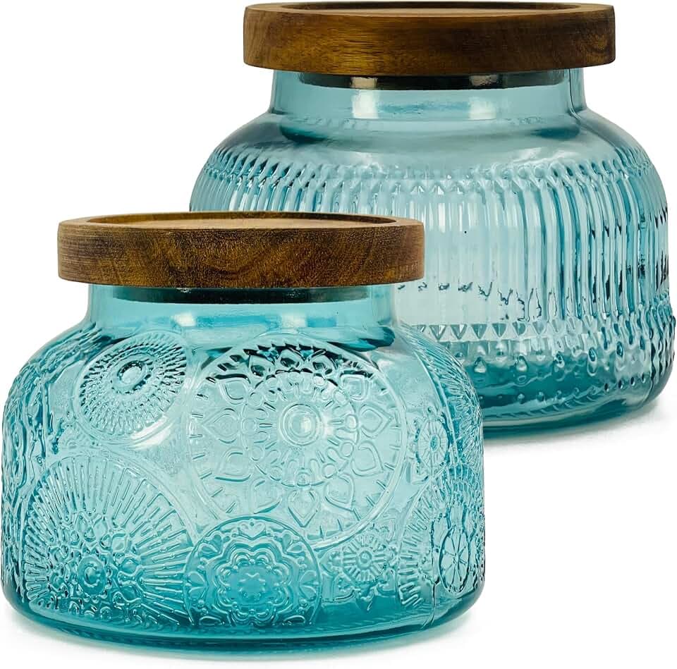 Decorative Blue Glass Jars with Airtight Wooden Lids 2 pack, 25.4 fl. oz