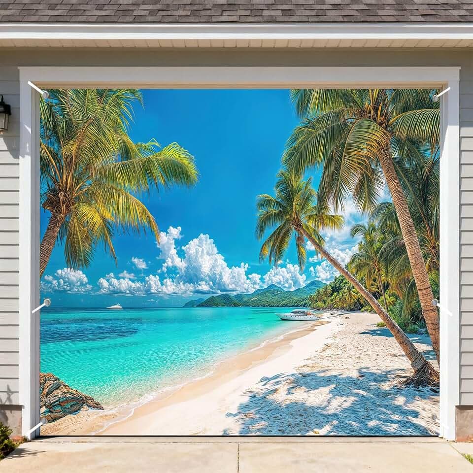 8X7FT Tropical Beach Garage Door Cover Decoration Summer Hawaiian Ocean Scene with Palm Trees, Blue Sky, and Sandy Shoreline Garage Buddy Outdoor Decor Banner
