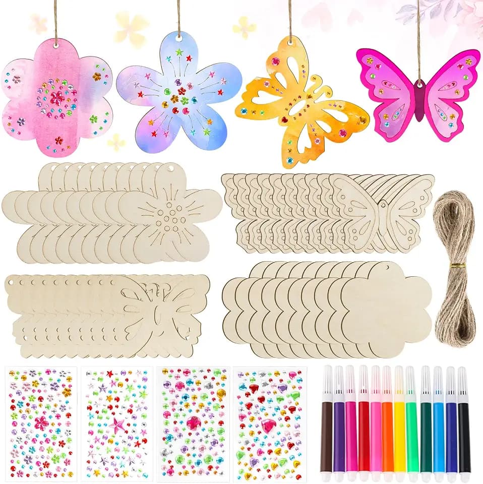 40 Stück Holzblumen zum Bemalen Set, Schmetterling und Blume Holz Basteln DIY, Kreatives Bastelset mit Aquarellstift Edelsteinaufkleber und Schnur für Bastelkurse, Urlaubsdekorationen