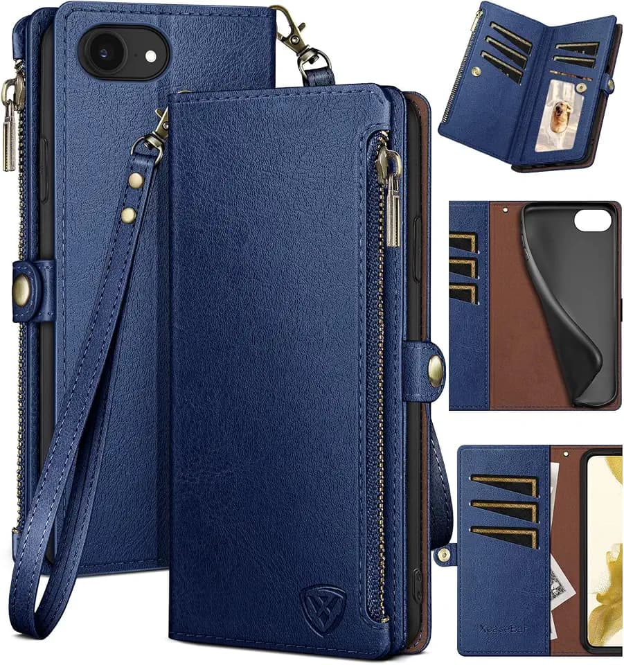 XcaseBar Compatible with ‌iPhone 16e 6.1" Wallet case with Zipper Credit Card Holder【RFID Blocking】,Flip Folio Book PU Leather Phone case Shockproof Cover Women Men for Apple 16e 2025 Blue