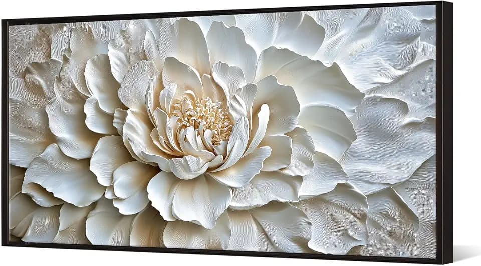 Muzenso Large White Flower Canvas Wall Art with Black Floater Frame 20x40 Inch Elegant Bloom Artwork for Living Room Bedroom Dining Room Floral Painting Beige and Cream Peony Print Ready to Hang