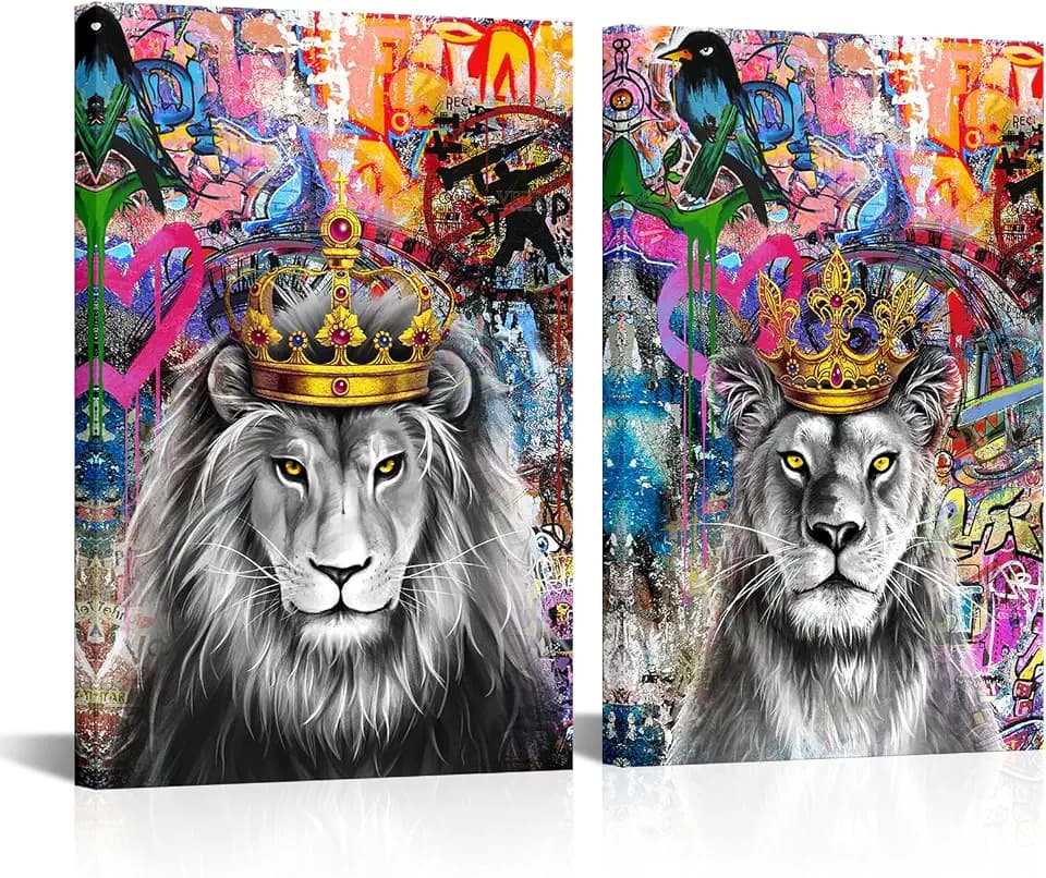 Saypeacher Lion King and Queen with Crown Framed Canvas Wall Art