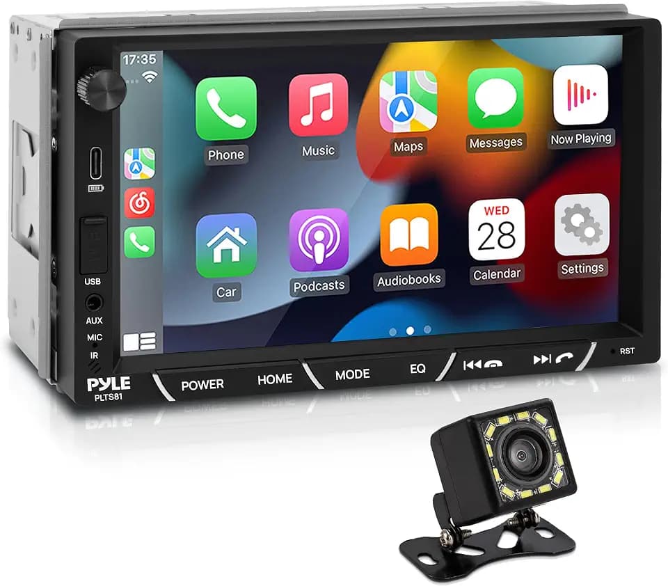 Pyle Double Din Car Stereo with Backup Camera | 1080P HD 7-Inch IPS Touch Screen Radio for Car | 4x60W Power CarPlay and Android Auto with AM/FM & Bluetooth 5.0 | Includes Microphone & Remote Control