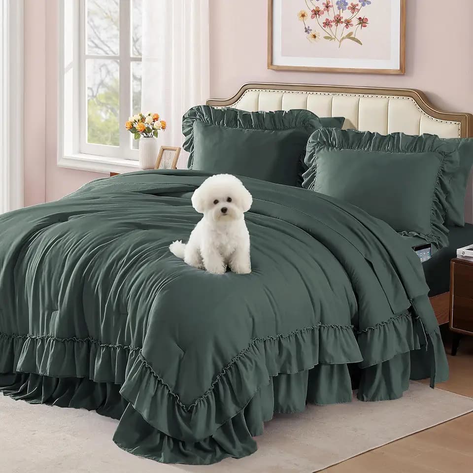 King Size Comforter Set Forest Green Ruffle 7 Pieces Farmhouse Bed in a Bag