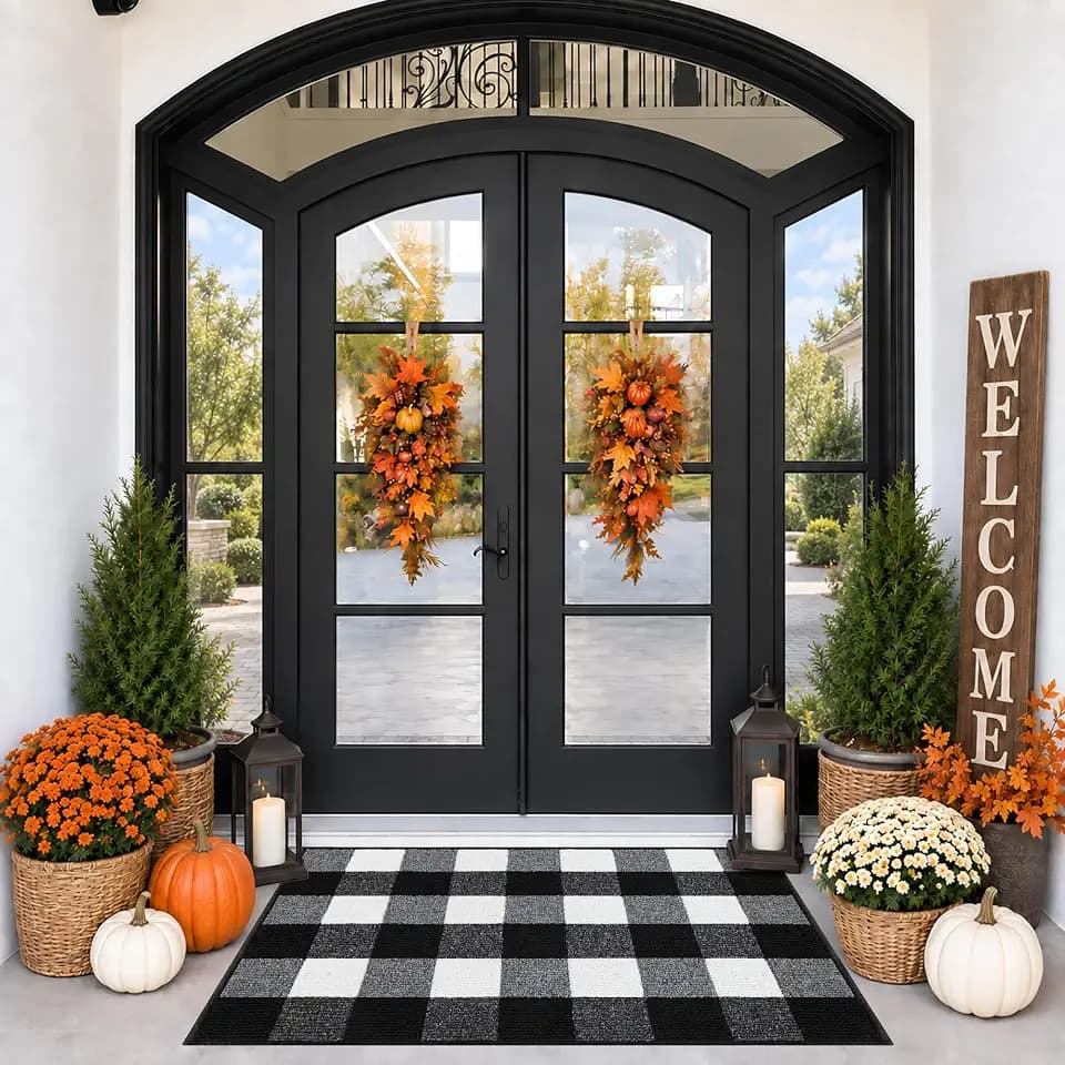 FONEYI Buffalo Plaid Outdoor Rug 24" x 36", Black and White Checkered Fall Door Mat, Machine Washable Layering Rug with Non Slip Backing for Front Door, Front Porch, Entryway and Farmhouse Home Decor