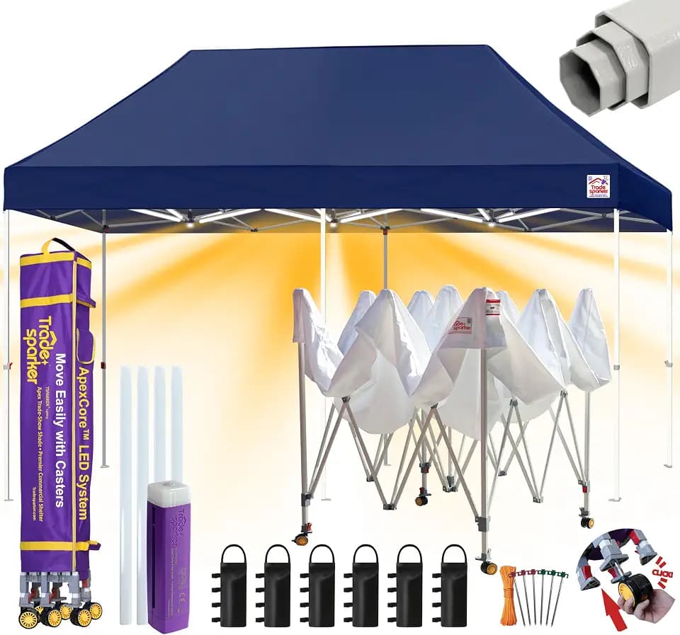Tradesparker 10x20 Pop Up Canopy Tent,Commercial Movable Canopy with ApexCore LED&Rugged Casters-Instant Easy Setup Shelter Canopies with Weight Bags&Stakes for Outdoor Events Markets,Navy Blue
