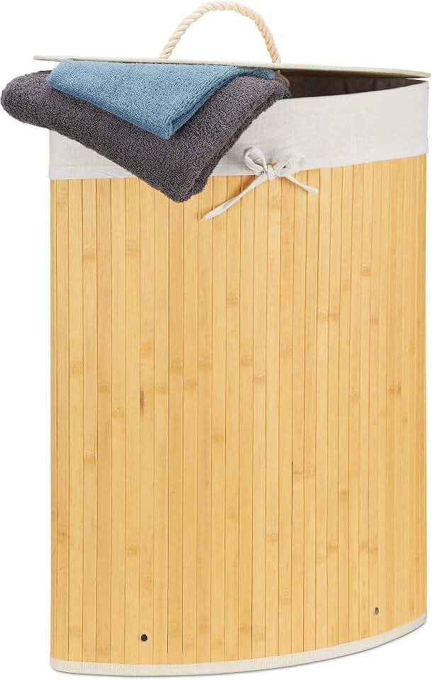Relaxdays Eckwäschekorb Bambus, faltbare Wäschebox 60 l, platzsparend, Wäschesack Baumwolle, 65 x 49,5 x 37 cm, Farbwahl
