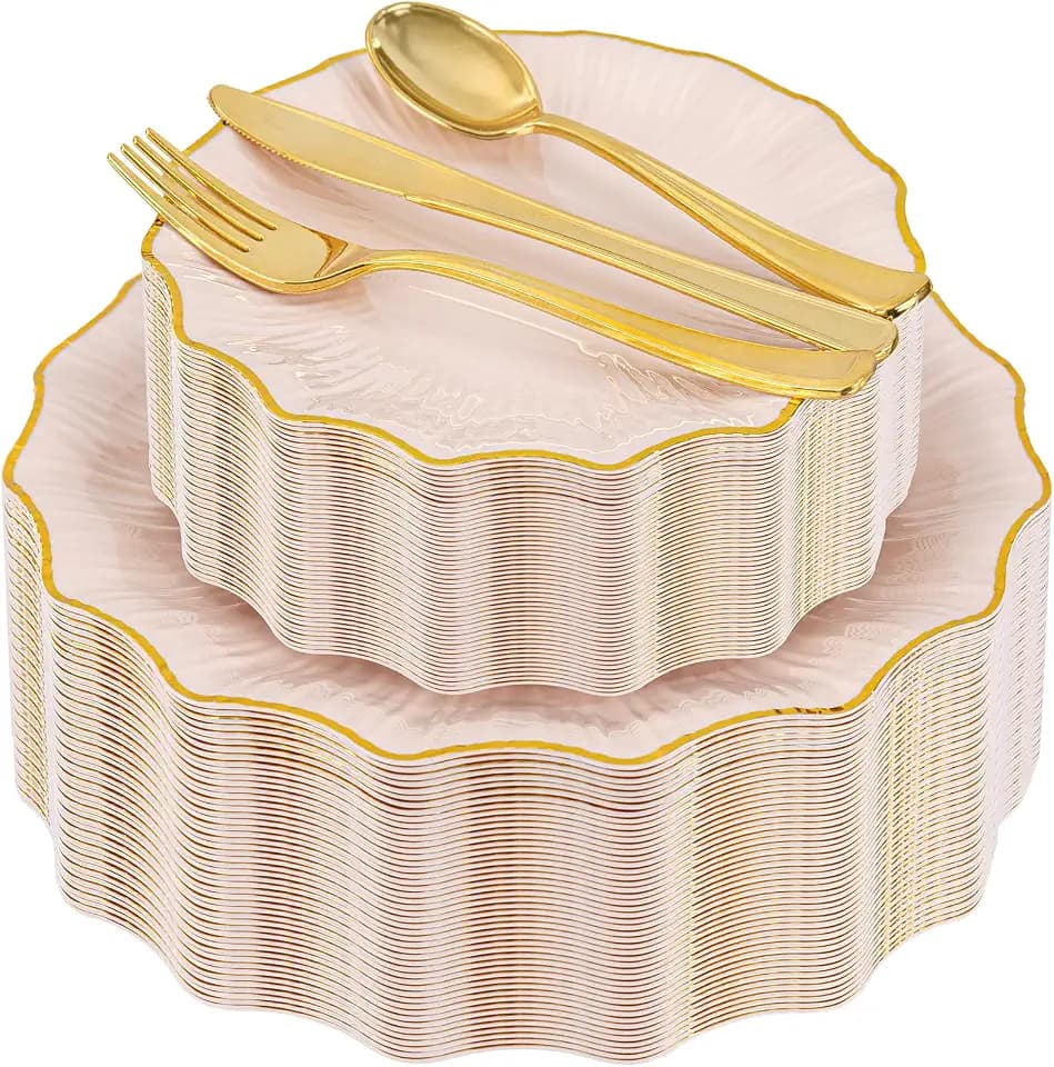 U-QE 150PCS Pink Plastic Plates for Party,Heavy Duty Pink Disposable Plates