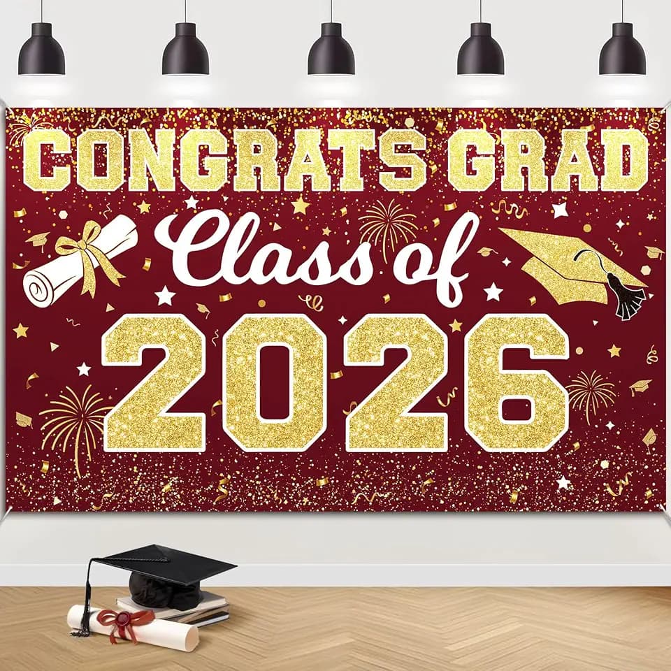 Graduation Backdrop 2026 - Congrats Grad Banner Class of 2026 Maroon Gold Graduation Decorations Backdrop Poster for Graduation Yard Sign Party Supplies