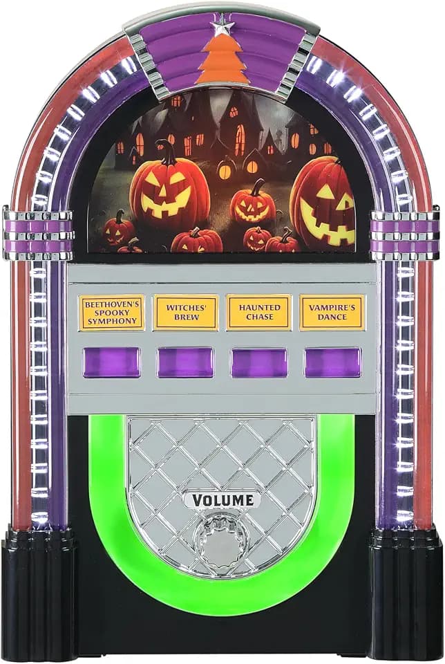 Mr. Halloween 9 in. Retro Jukebox Decoration – Battery Operated Vintage Halloween Tabletop Accent with LED Lights and 4 Spooky Music Tunes