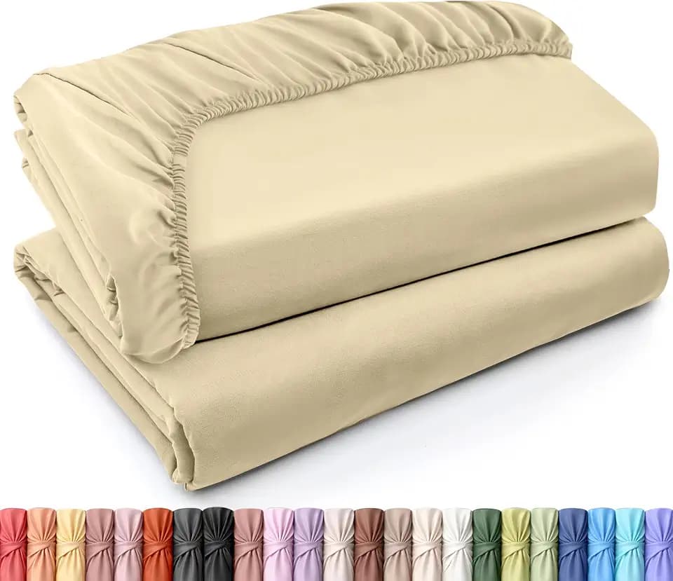 Pack of 2 Full Fitted Sheet, Fits Up to 15 Inch Deep Pocket, Beige