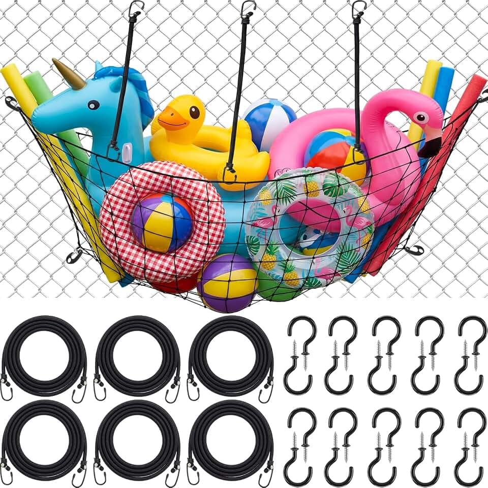 Arrowbash 1 Pack Extra Large Pool Float Storage Net 71 x 118 Inch Hanging Elastic Mesh Pool Toy Organizer with 3 Bungee Cords and 20 Coated Hooks for Summer Outdoor Swimming Poolside Inflatable Toys