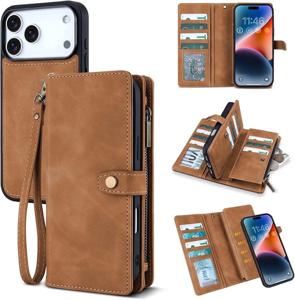 TwoHead Wallet Case for iPhone 18 Pro Max/17 Pro Max,11 Card Slots,Brown