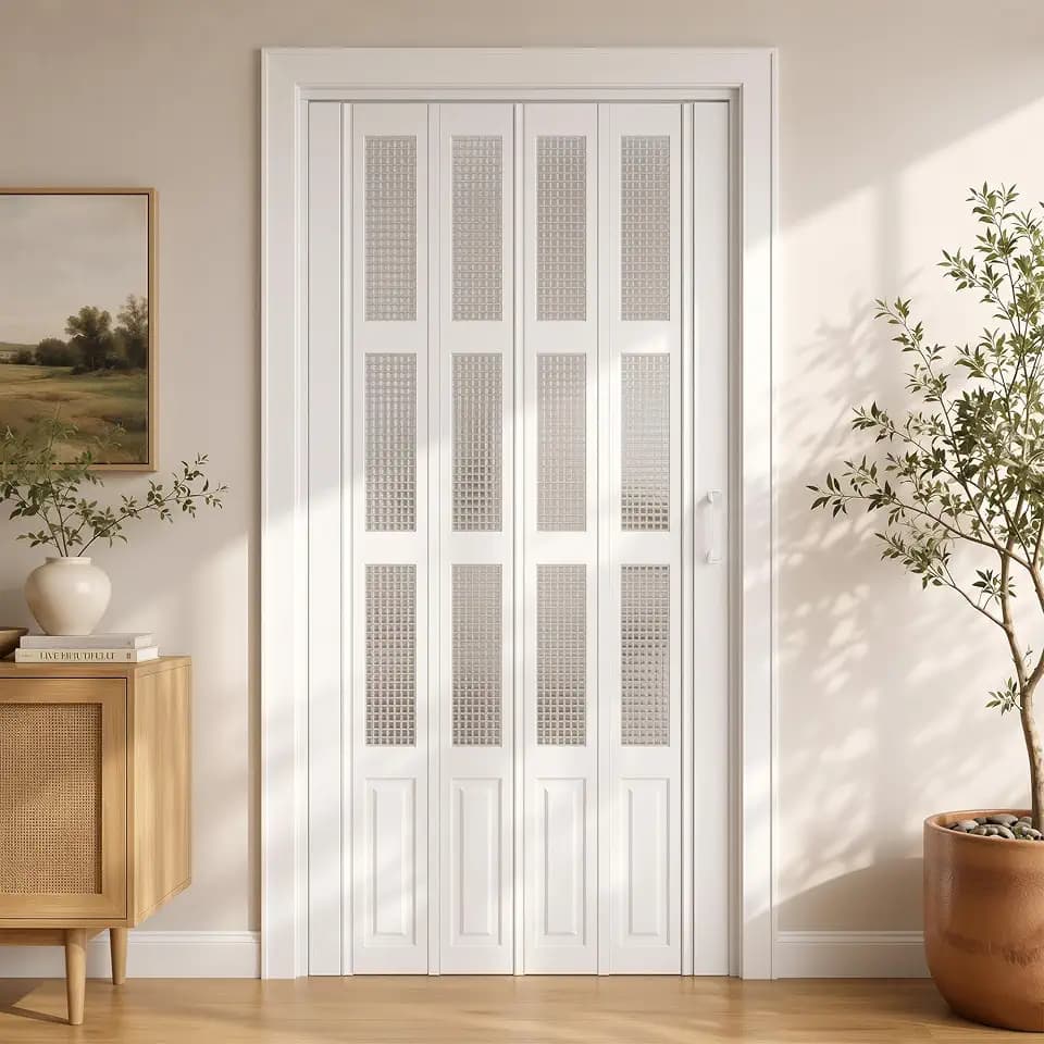 SMARTSTANDARD 36"x 80" Accordion Door with Grid Frosted Acrylic Glass,White