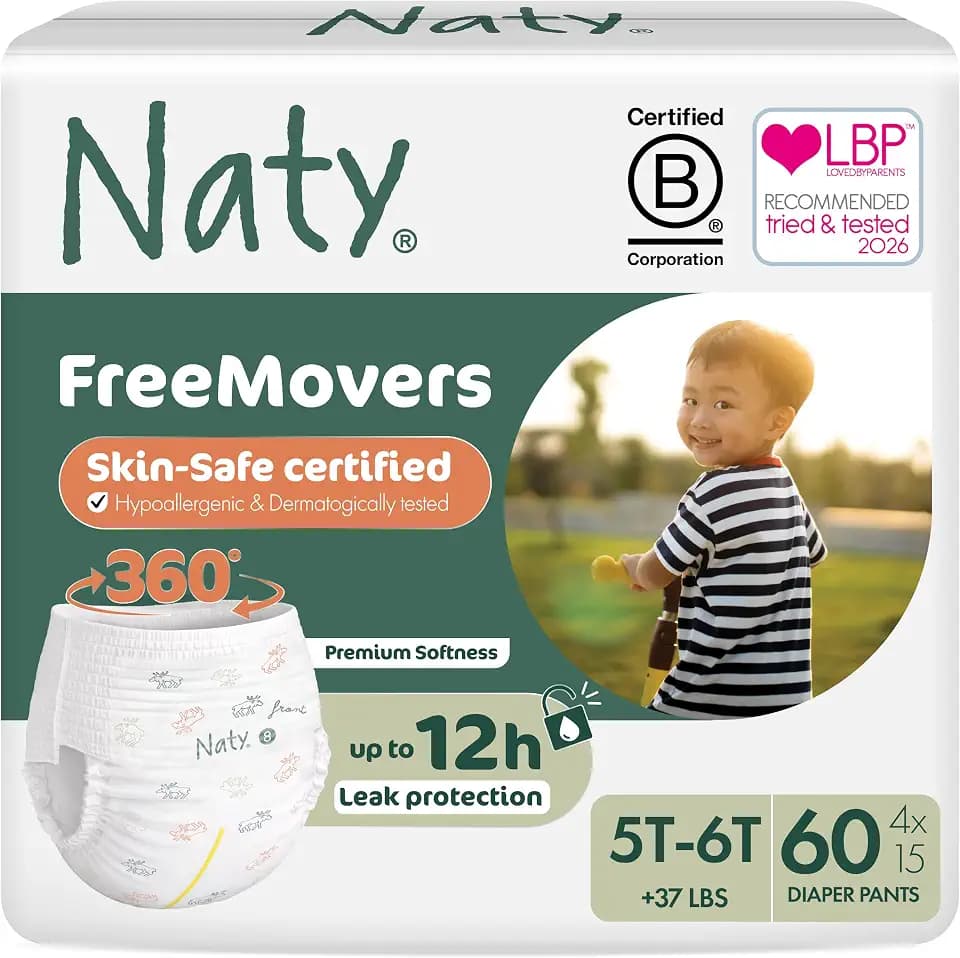 Naty FreeMovers Pull Up Training Pants, Size 8, 5T-6T, (37+ lbs), 60 Count