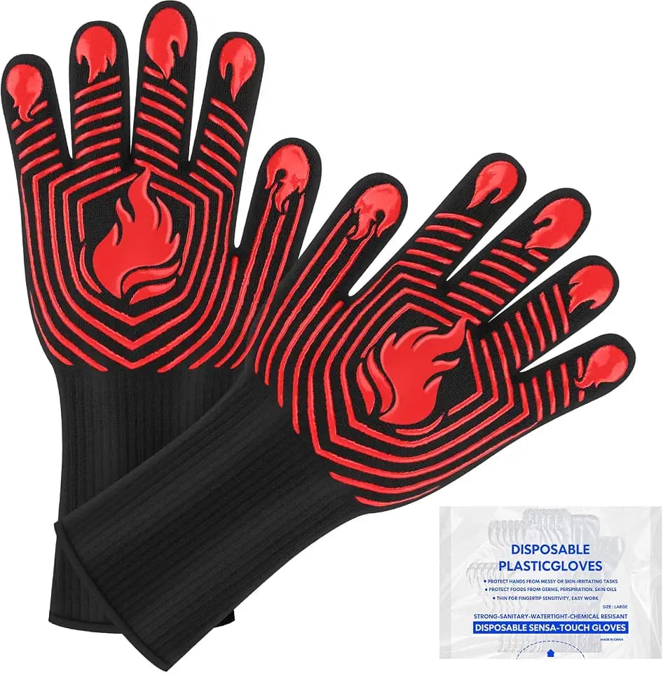 BBQ Handschuhe, 800.0 °C Hitzebeständige Handschuhe Feuerfeste Handschuhe, Grillhandschuh Silikon rutschfest Waschbar Ofenhandschuh, Küchenhandschuh für Barbecue, Grillen, Kochen, Backen, Camping
