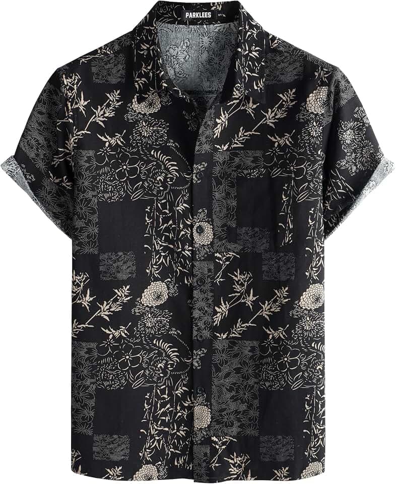 PARKLEES Herrenhemd aus Baumwollleinen, 70er-Jahre-Stil, Vintage-Muster, lässig, kurzärmelig, Retro-Shirt