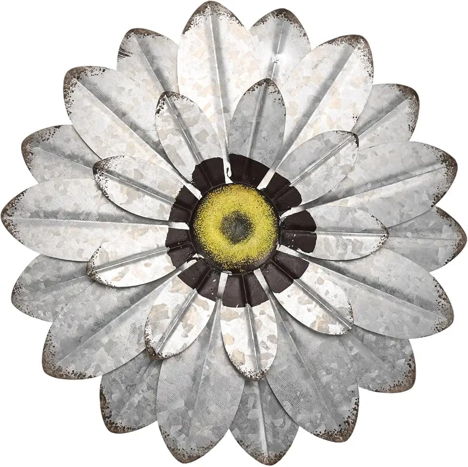 M METERXITY 1-Pack Metal Flower Wall Decor, 11 Inch 3D Metal Daisy Wall Art Hanging Decorations Sculptures for Indoor/Home/Garden/Patio, Fence Decorations Outdoor Hanging [Silver]