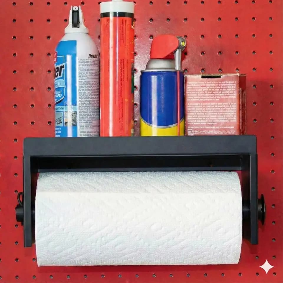 Pegboard Paper Towel Holder with Hooks, Peg Board Organizer Accessory