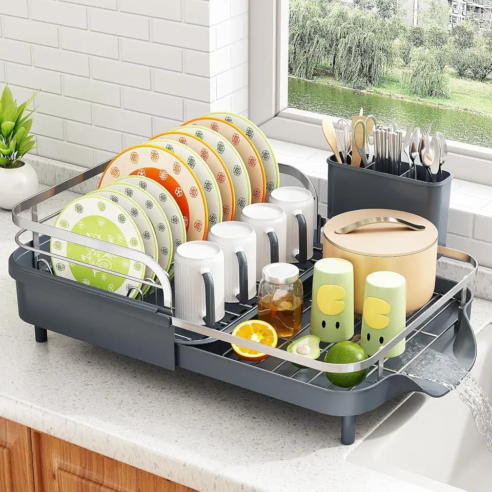 SAYZH Expandable Dish Drying Rack for Small Kitchen Counter, Grey
