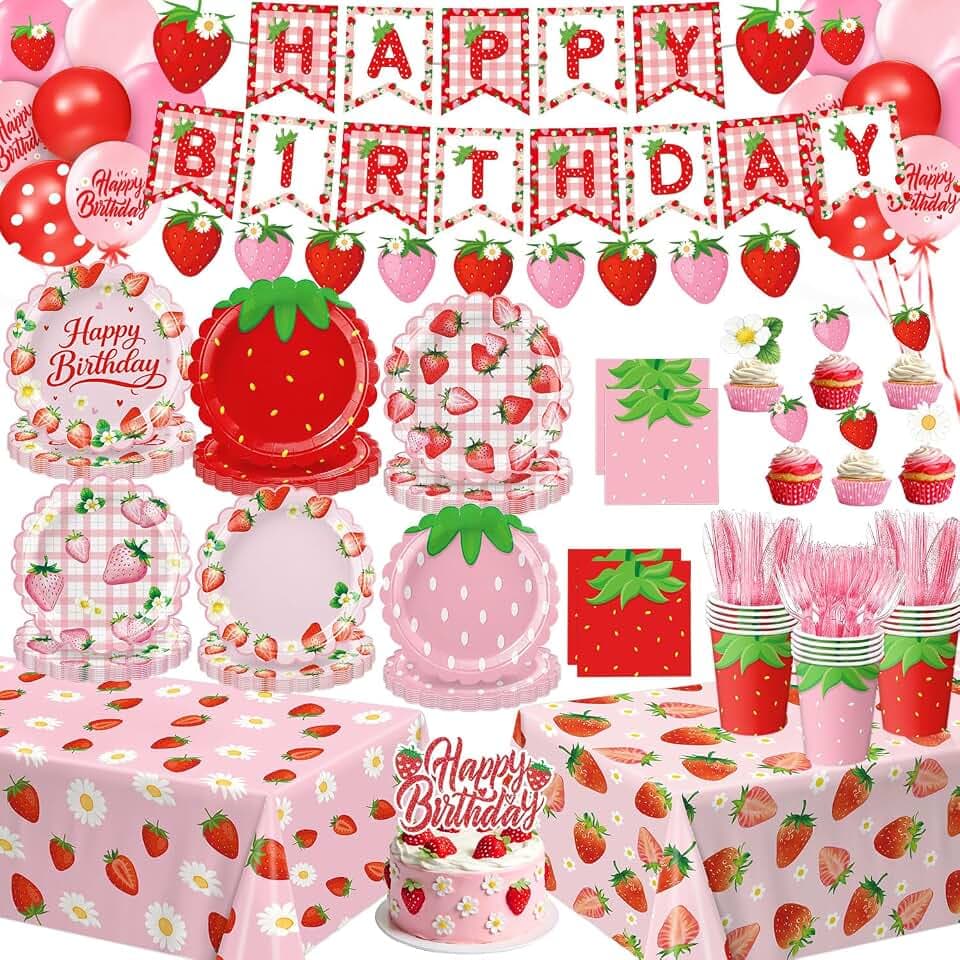 Strawberry Birthday Decorations Includes Plates, Napkins, Cups, Cutlery, Cupcake Toppers, Banner, Tablecloths, Balloons for Berry First Strawberry Shortcake Birthday Decorations, Serves 24