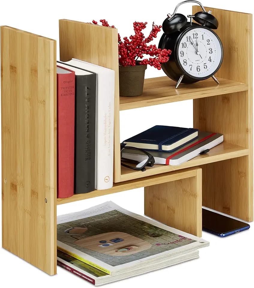 Relaxdays Tischregal Bambus, Verstellbarer Organizer, Natur | für Schreibtisch, Küche & Bad, Aufsatzregal, klein, H: 40cm