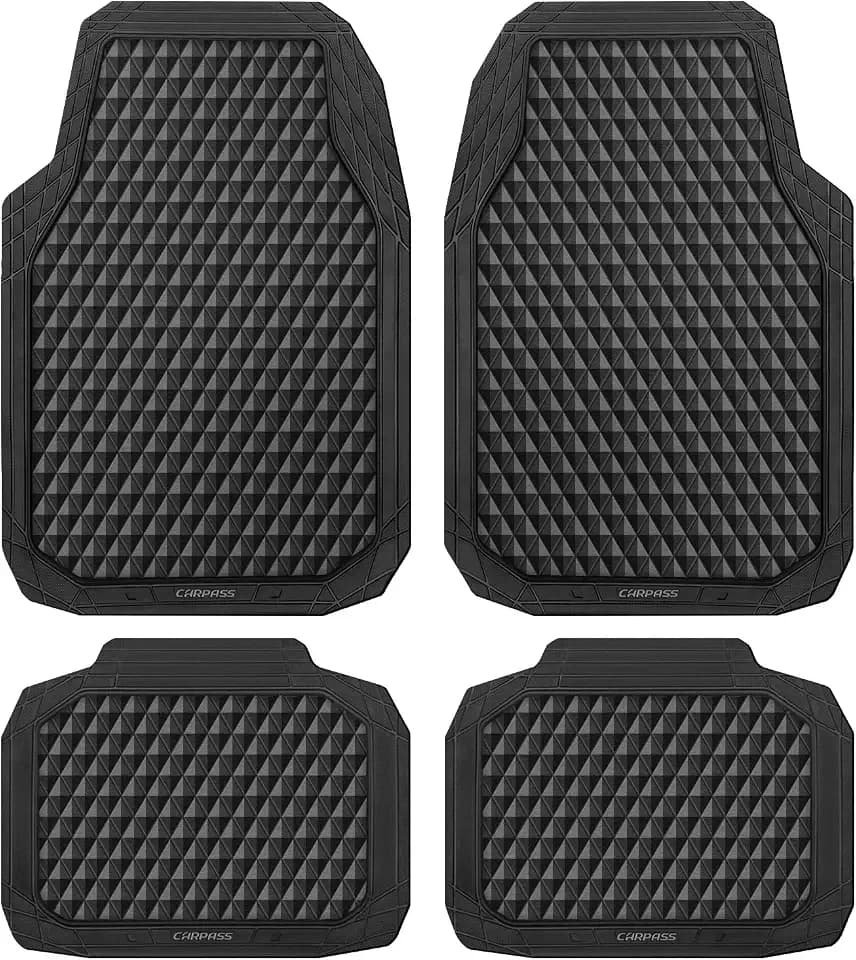 CAR PASS Black Rubber Car Mats, All-Weather Floor Mats Full Set Durable Anti-Slip 3D Rhombus Waterproof Automotive Pad Trim to Fit Liner Universal Fit for Sedan SUV Truck Van, 4 Pcs All Black Rubber