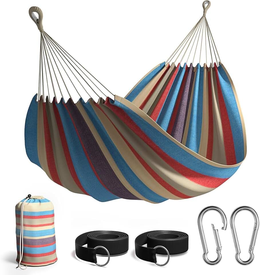 Sorbus Brazilian Double Hammock, Cotton Bed (Blue/Sand/Purple/Red Stripes)
