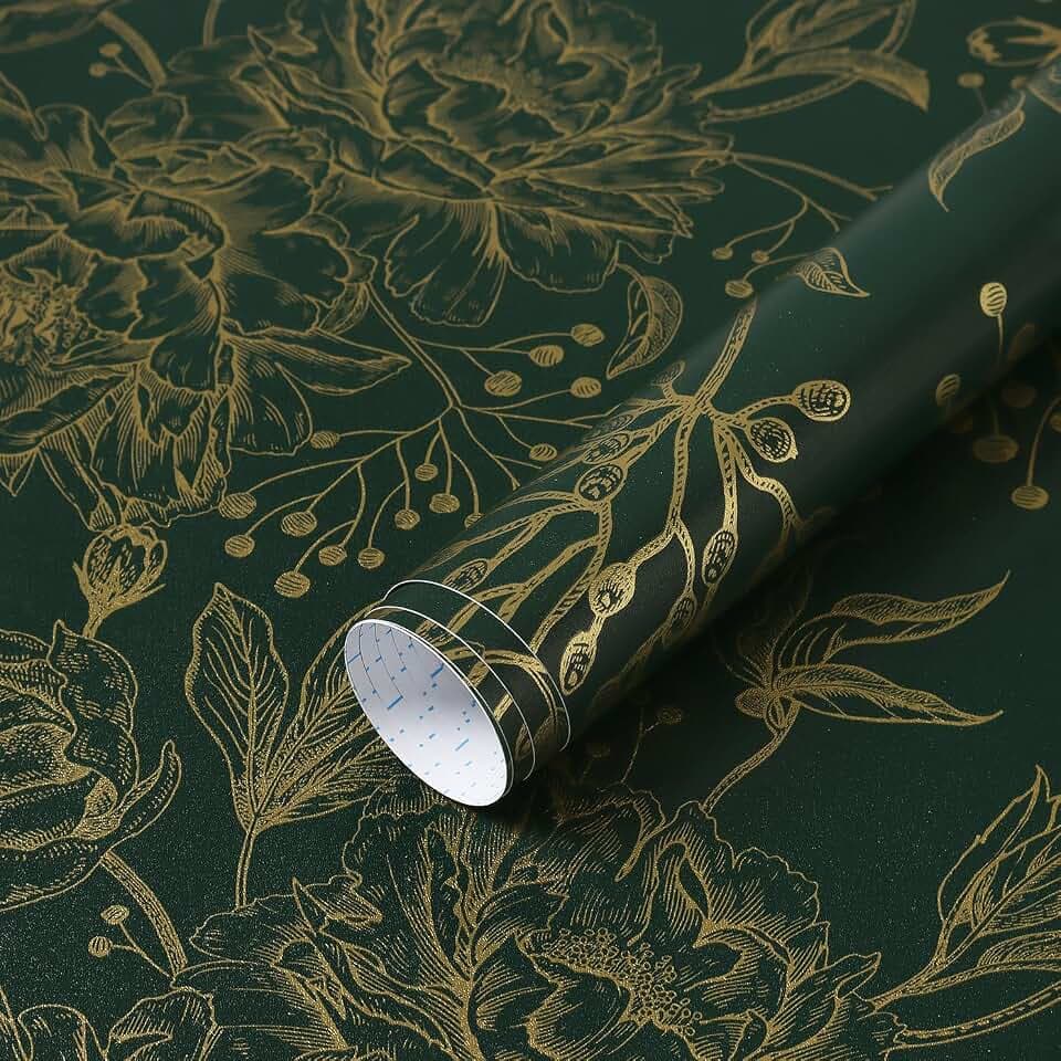 Safiyya Peel and Stick Wallpaper Boho Floral Contact Paper 197" x 17.3" Gold and Dark Green Wall Paper Modern Self Adhesive Removable Wallpaper for Bedroom Bathroom Vinyl Rolls